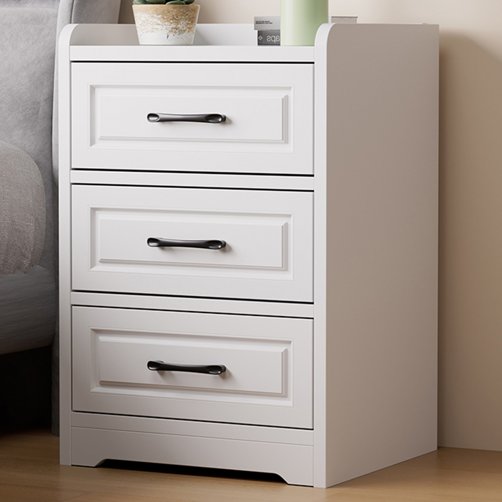 Living and Home 3 Drawer Warm White Modern Bedside Table Image 1