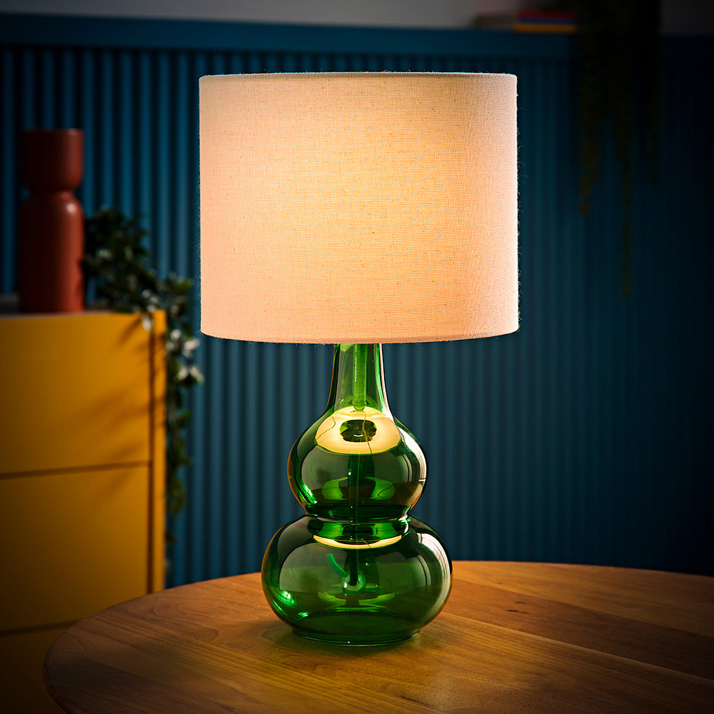 ValueLights Aida Natural Linen Tall Lamp Shade Green Bubble Glass LED Table Lamp Image 2