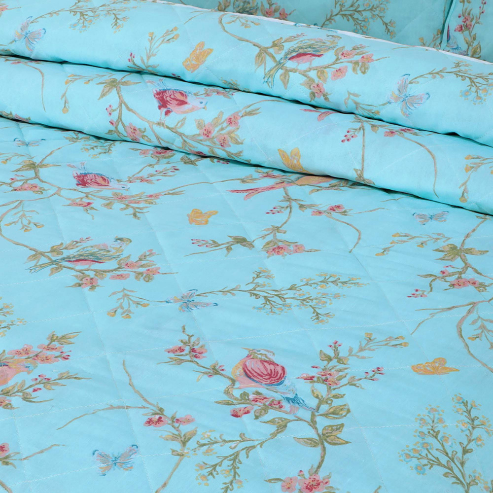 Velosso Single Birds Floral Duck Egg Bedspread Set Image 2