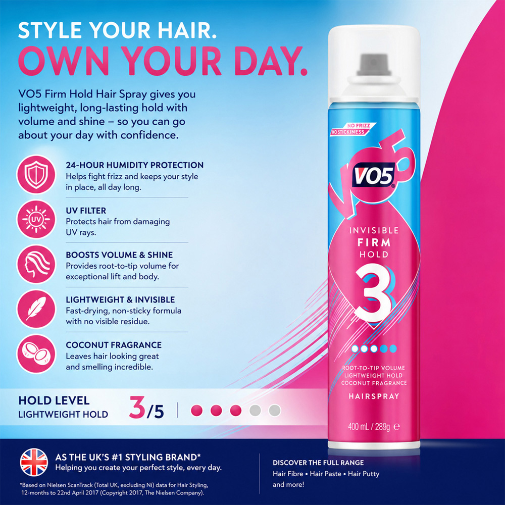 VO5 Firm Hold Anti-Frizz 24H Humidity Protection Hair Spray Mist 400ml 6 Pack Image 5