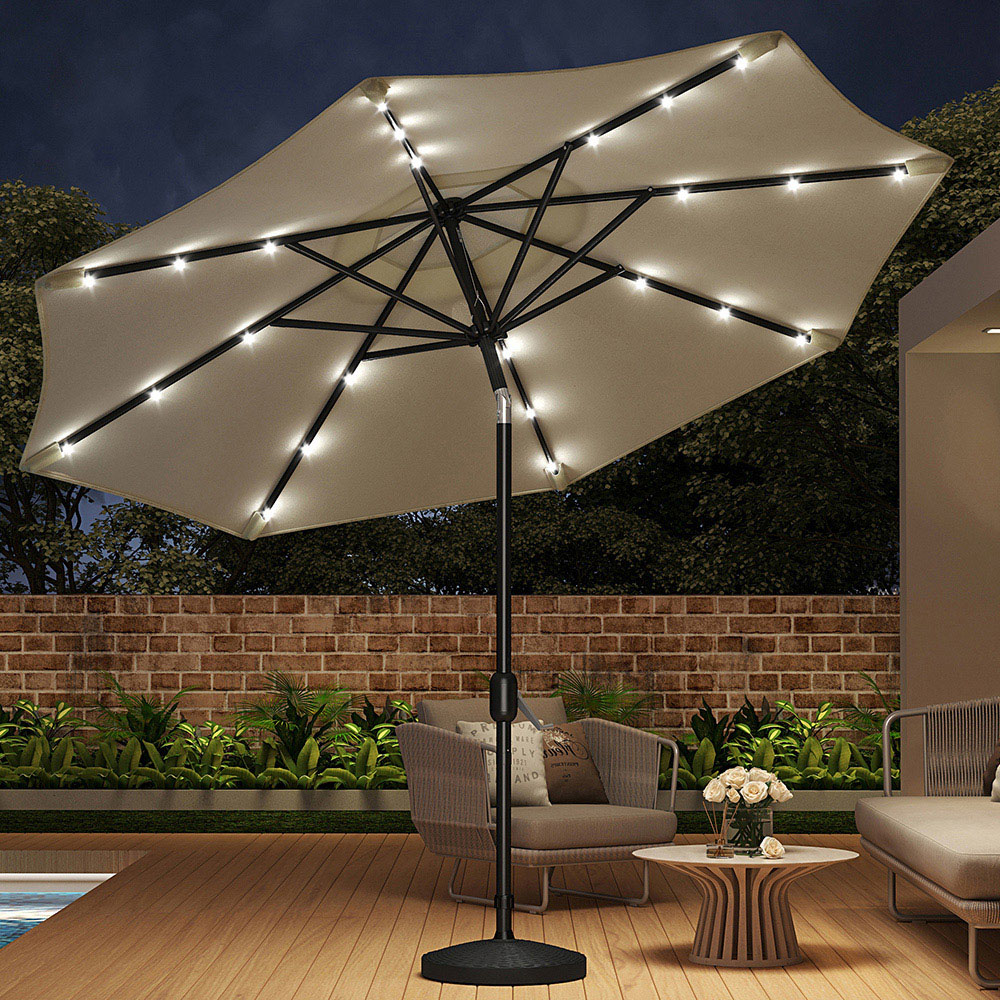 Living and Home Beige 24 Solar LED Crank and Tilt Parasol with Resin Woven Base 3m Image 2