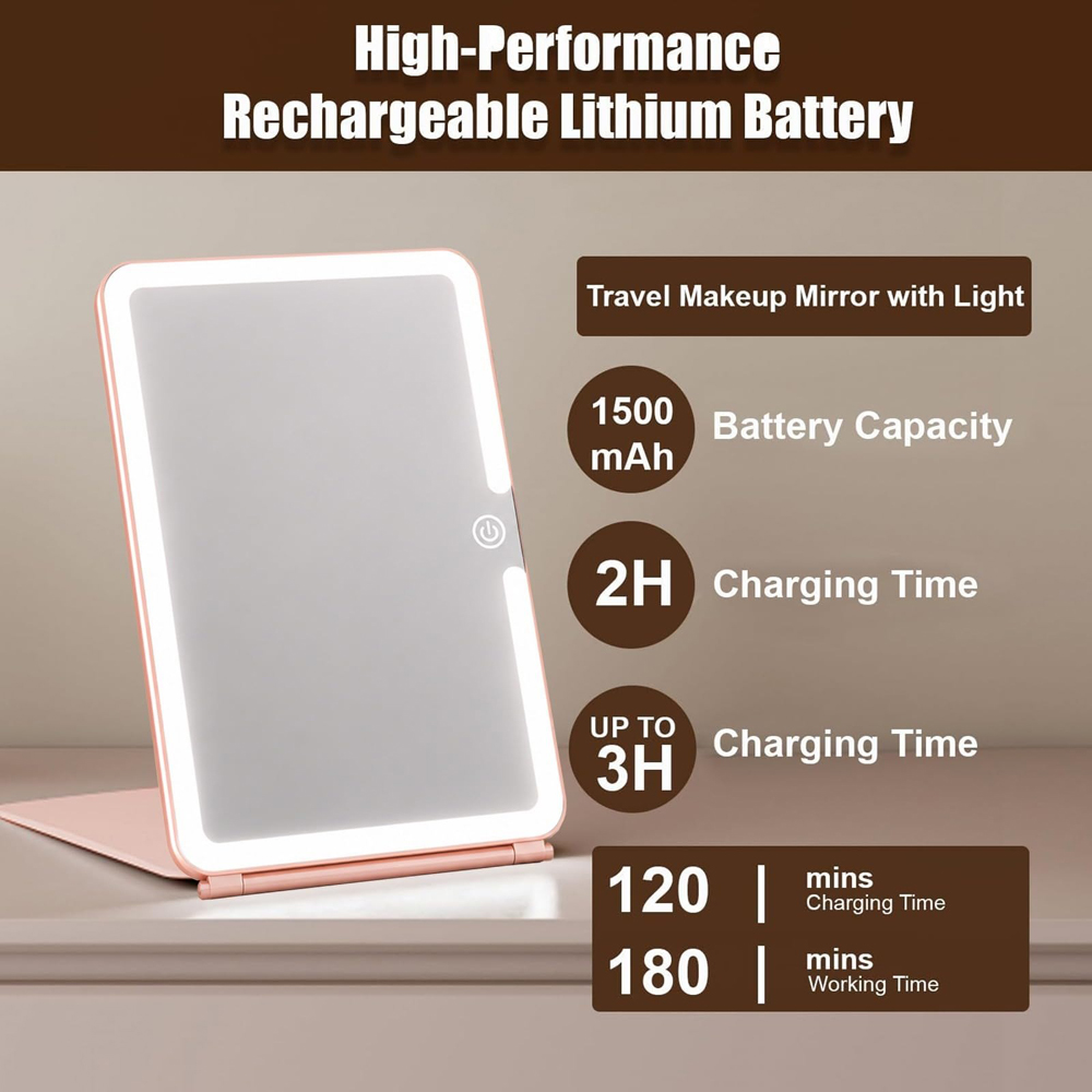 ATEK Pink Rechargeable LED Touch Control Travel Makeup Mirror with 10x Magnifying Insert Image 8