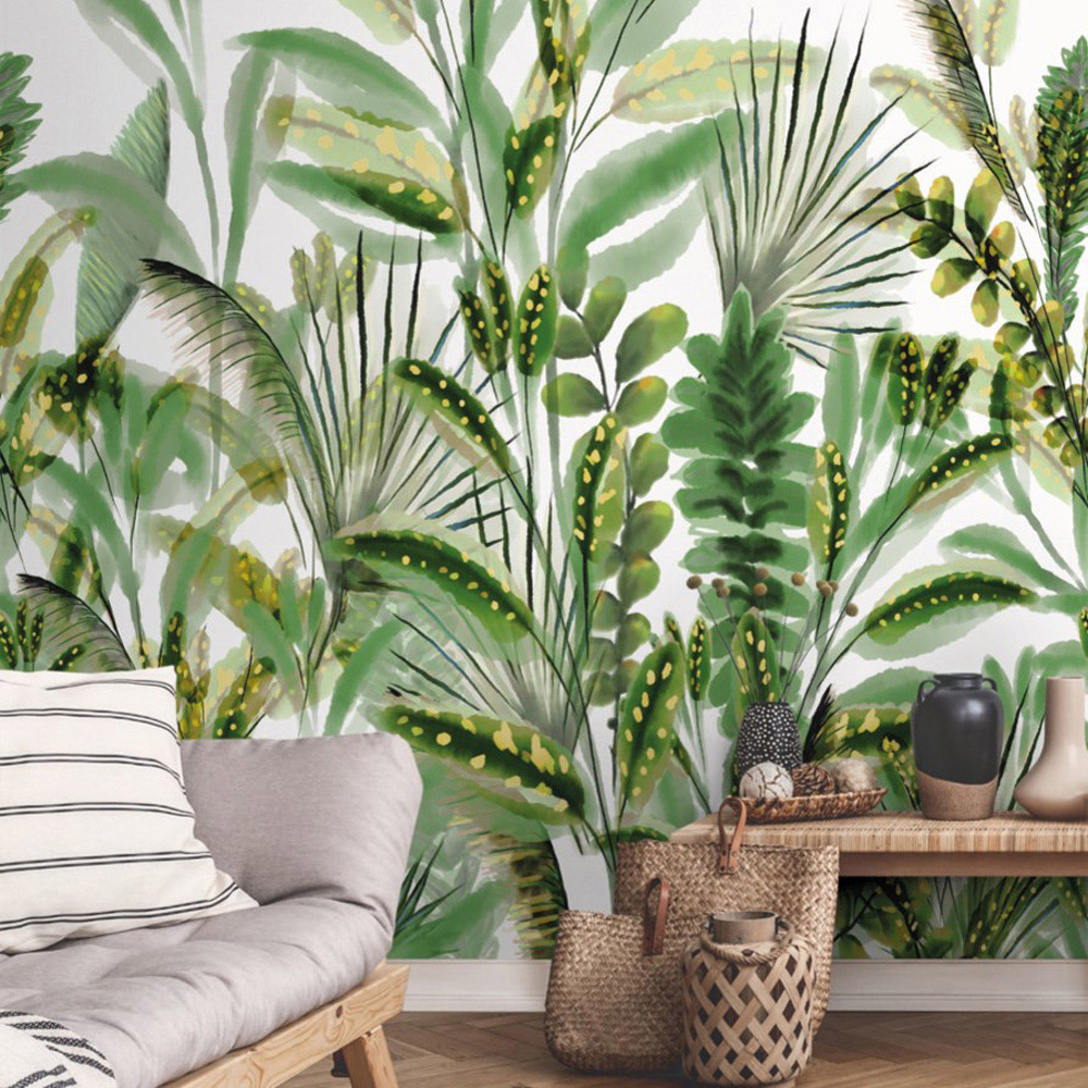 Grandeco Rainforest Leaves Green 3 Lane Wall Mural Image 4