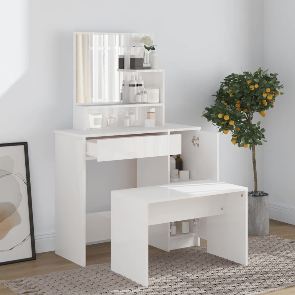 vidaXL Single Door Single Wide Drawer High Gloss White Dressing Table with Mirror Image 8