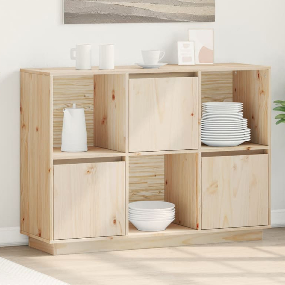 vidaXL 3 Door 3 Shelf Natural Solid Pine Wood Wide Sideboard Image 1