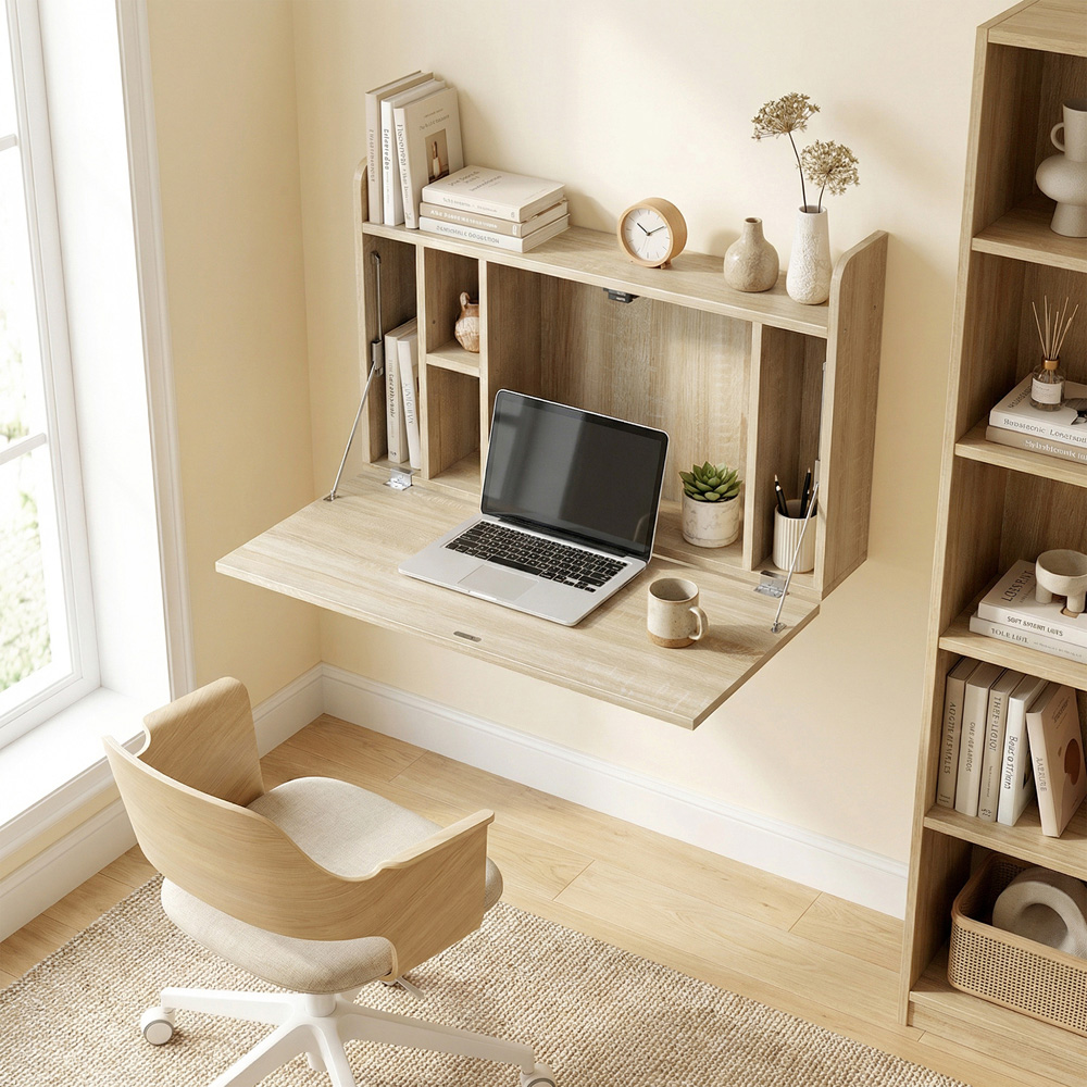 Portland Single Shelf Oak Wall Mounted Table with Hidden Storage Compartments Image 5