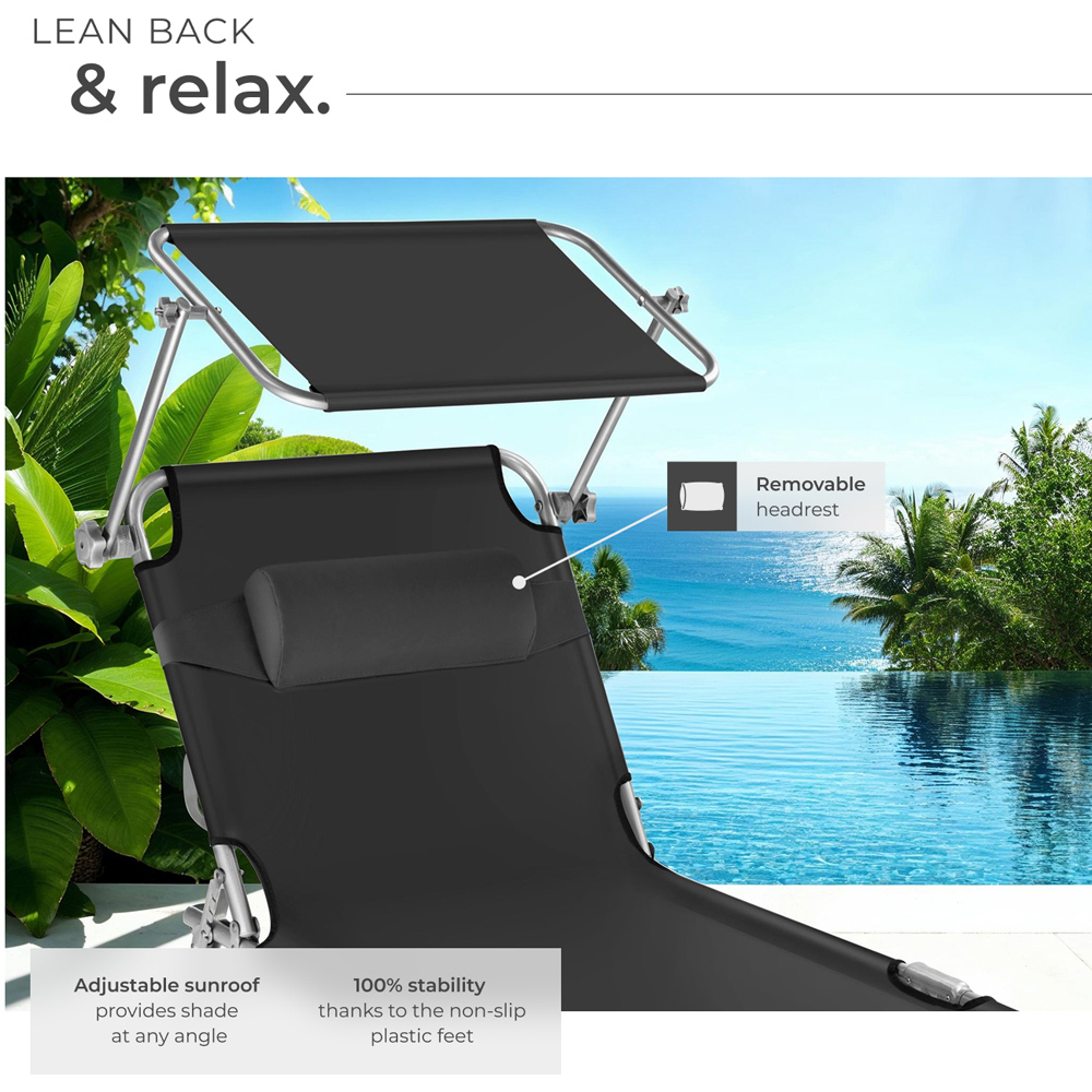tectake Chloé Black 4 Step Backrest Foldable Sun Lounger with Head Cushion Image 4