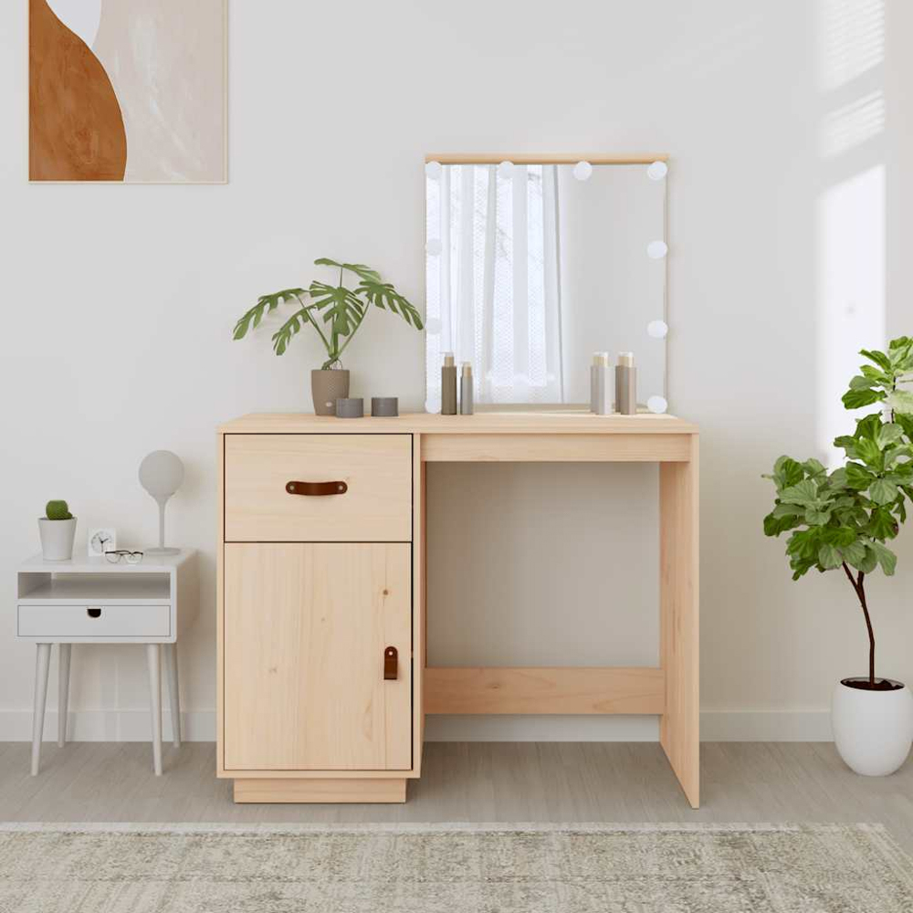 vidaXL Single Door Single Drawer Solid Wood Pine Dressing Table with LED Lights Image 9