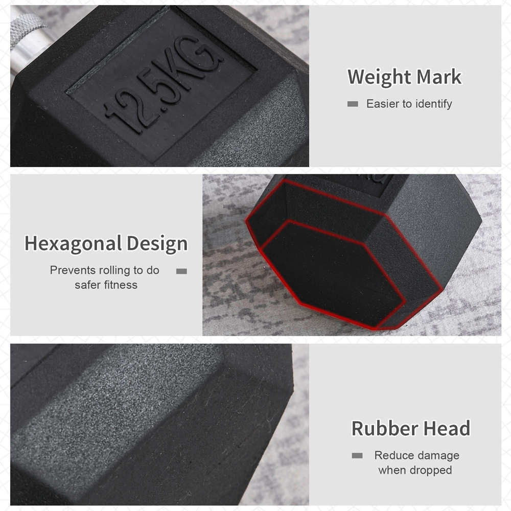 HOMCOM Black Hexagonal Rubber Dumbbell 12.5kg Image 4