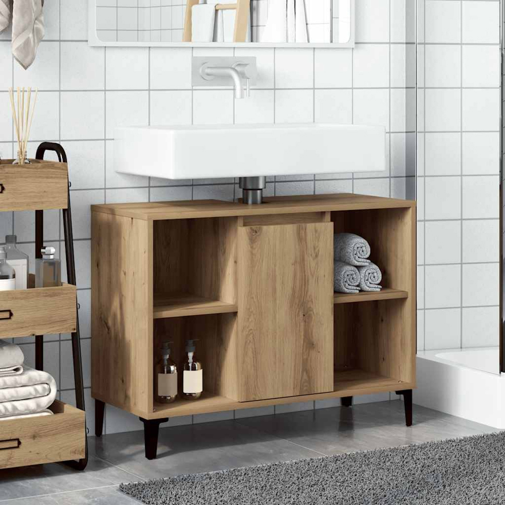 vidaXL Single Door 4 Open Compartment Artisan Oak Bathroom Sink Cabinet Image 8