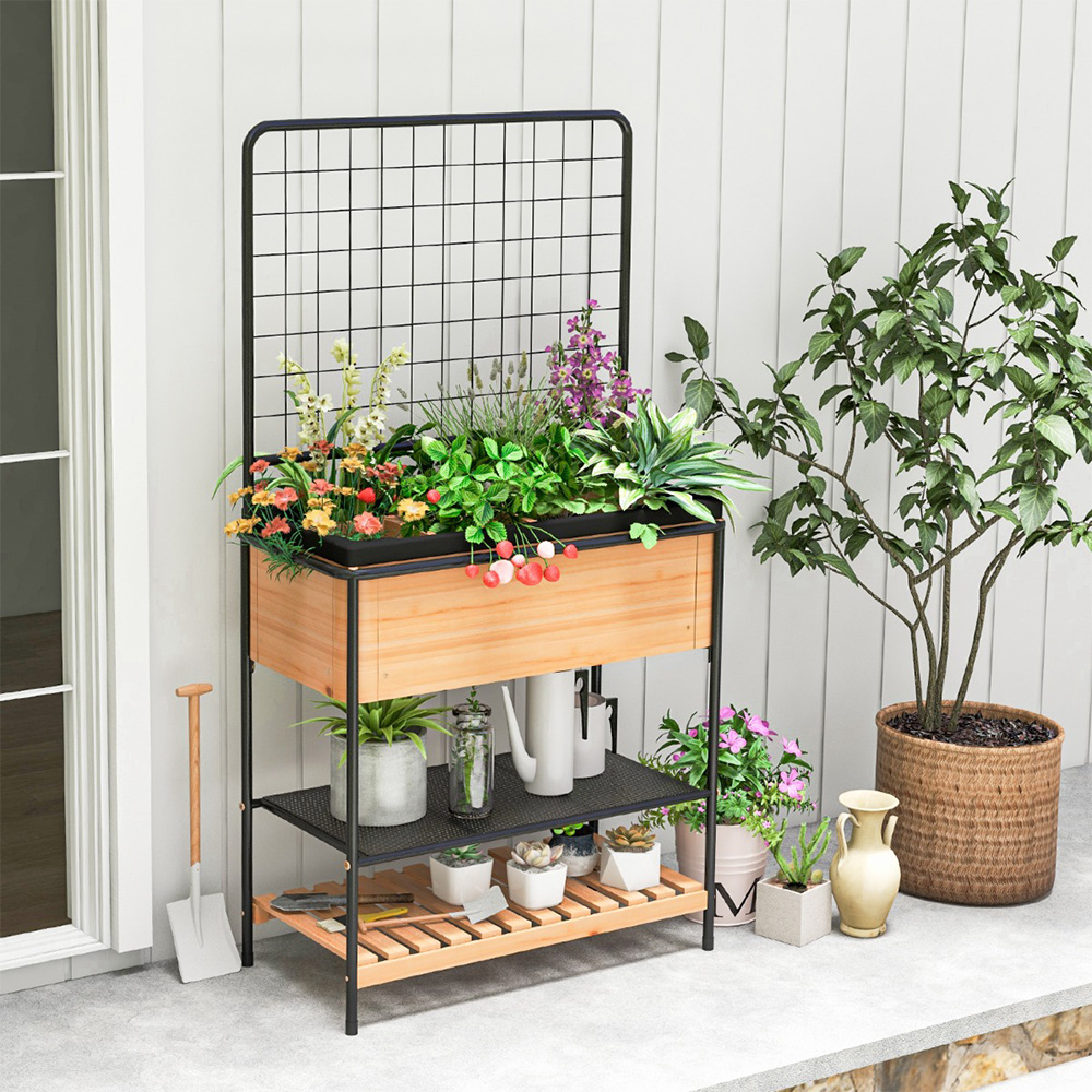 Costway 2 Tier Natural Trellis Raised Garden Bed with Storage Shelves Image 2
