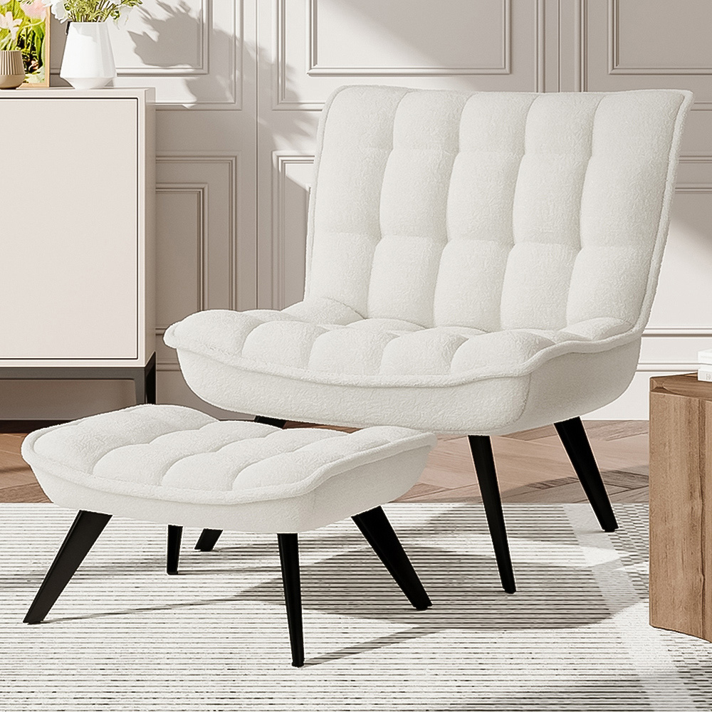 Living and Home White Teddy Fleece Minimal Chair with Footstool Image 1