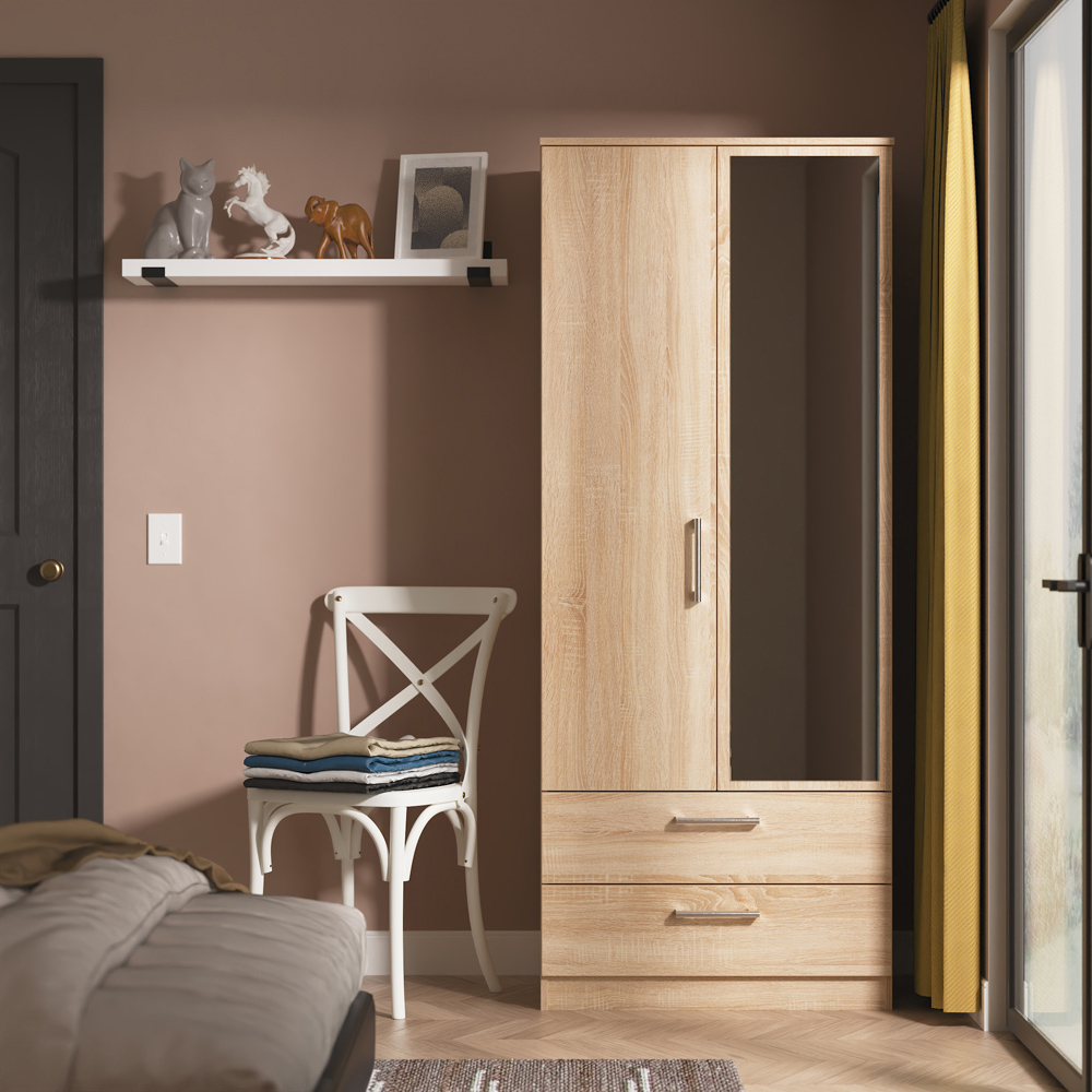 Crowndale Devon 2 Door 2 Drawer Bardolino Oak Wardrobe with Mirror Door Ready Assembled Image 8