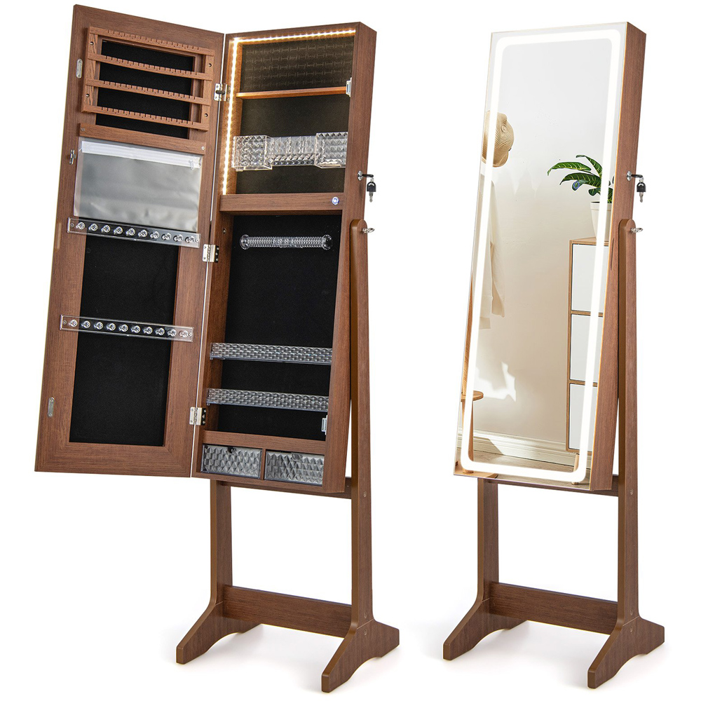 Costway 2 Drawer Walnut LED Light Standing Jewellery Cabinet Image 3