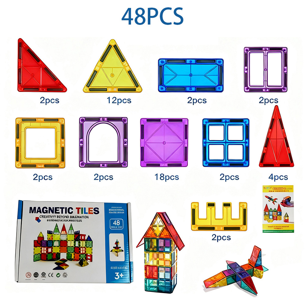 H&O Direct 48 Piece 3D Magnetic Tiles Building Block Toy Set Image 7