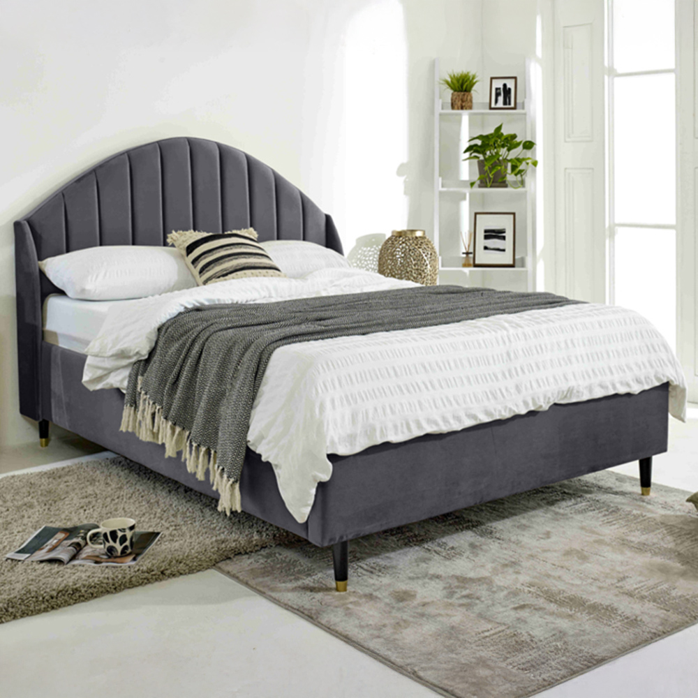 Eleganza Elysium Double Steel Plush Velvet Bed Frame with Curved Winged Headboard Image 1