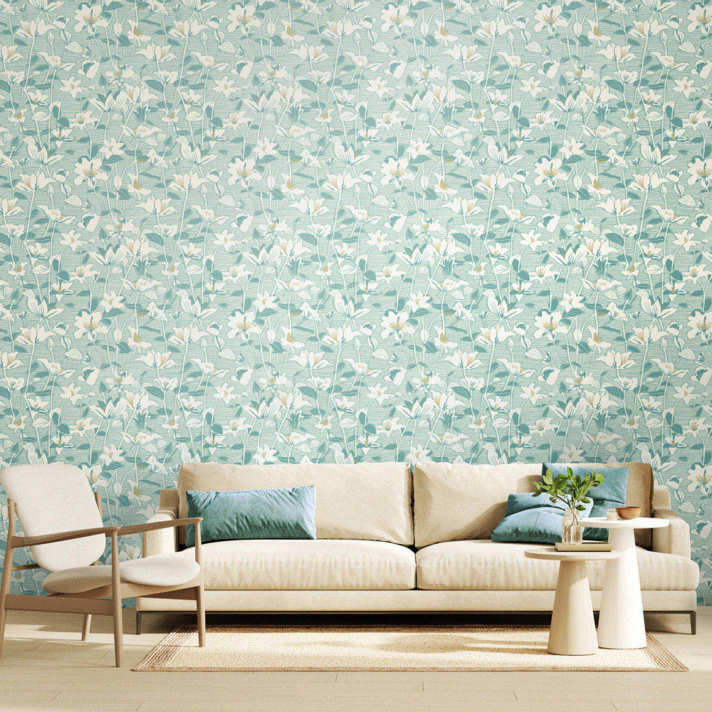 Hoopla Walls Oasis Lino Leaves Duck Egg Wallpaper Image 2
