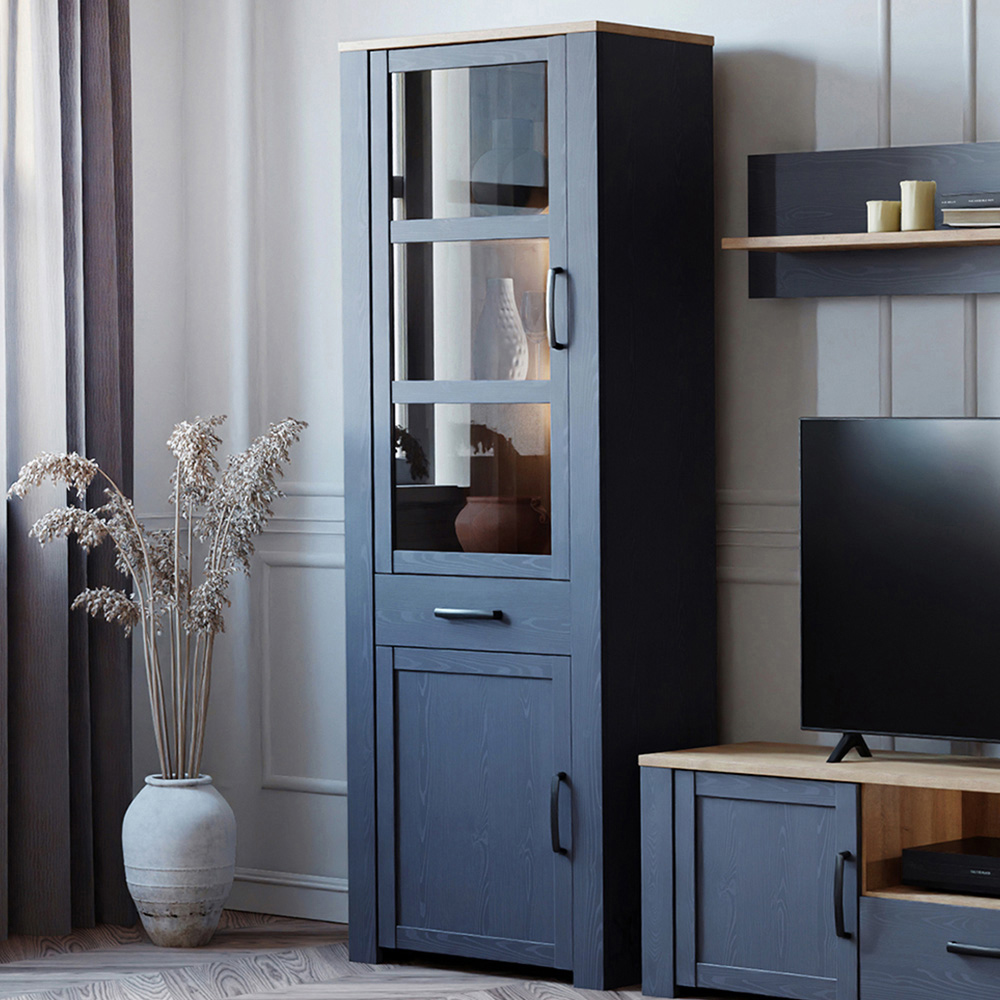 Florence Bohol 2 Door Single Drawer Riviera Oak and Navy Narrow LED Display Cabinet Image 1