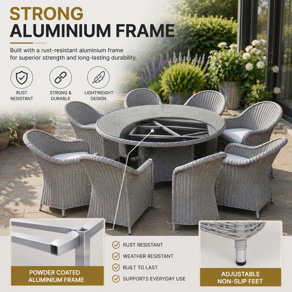 Shatchi Sorrento 6 Seater Rattan Aluminium Round Garden Dining Set Light Grey Image 6