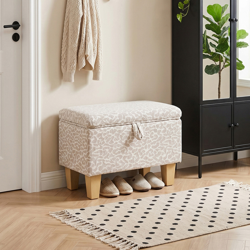 Living and Home Light Brown Linen Leopard Print Storage Ottoman Image 7