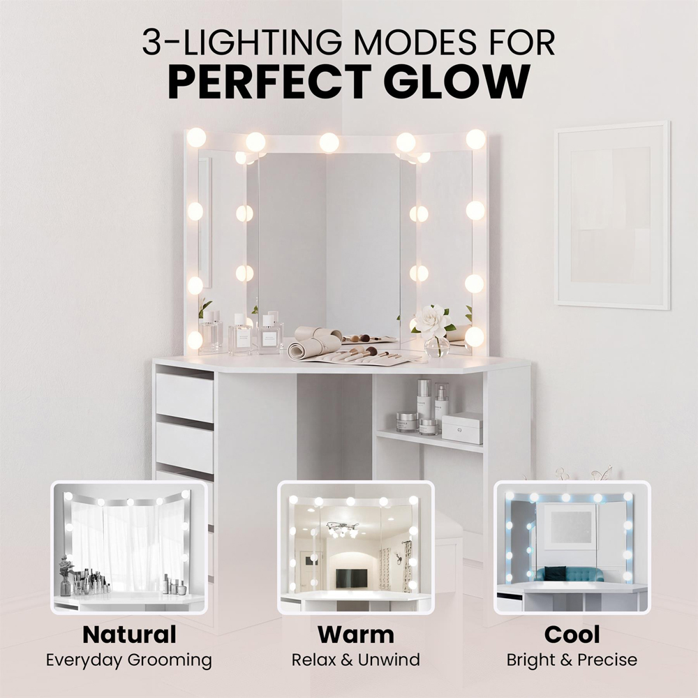 Portland 5 Drawer White Corner Dressing Table Set with LED Mirror Image 7