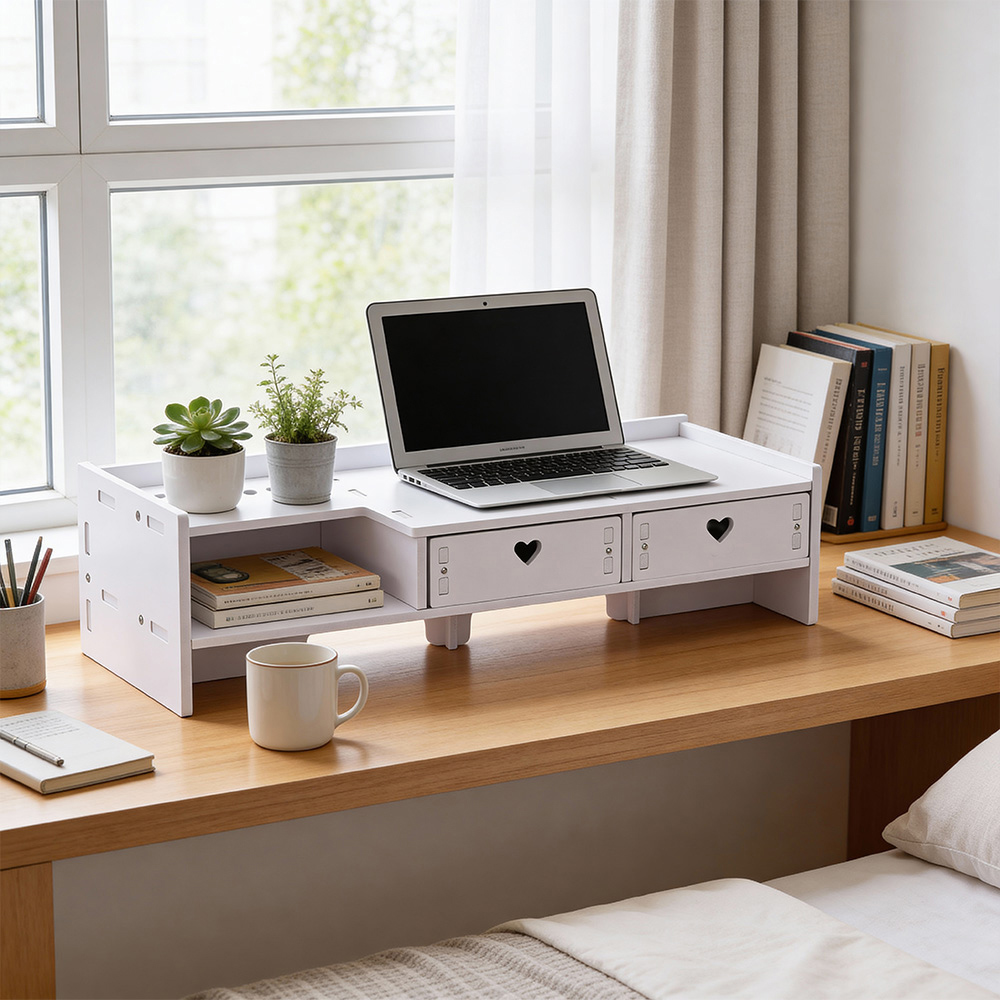 Living and Home 2 Drawer Single Shelf White Monitor Stand Riser with Pen Holder Image 2
