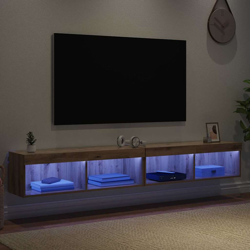 vidaXL 2 Shelf Artisan Oak Wall Mounted Wide TV Cabinet with LED Light 2 Pack Image 1