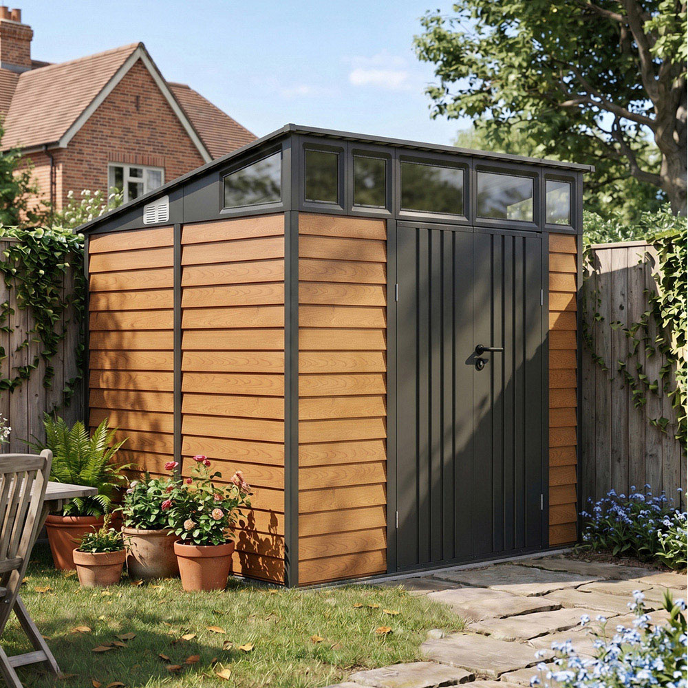 Living and Home 8 x 7ft Wood Grain Finish Metal Pent Garden Shed Image 3