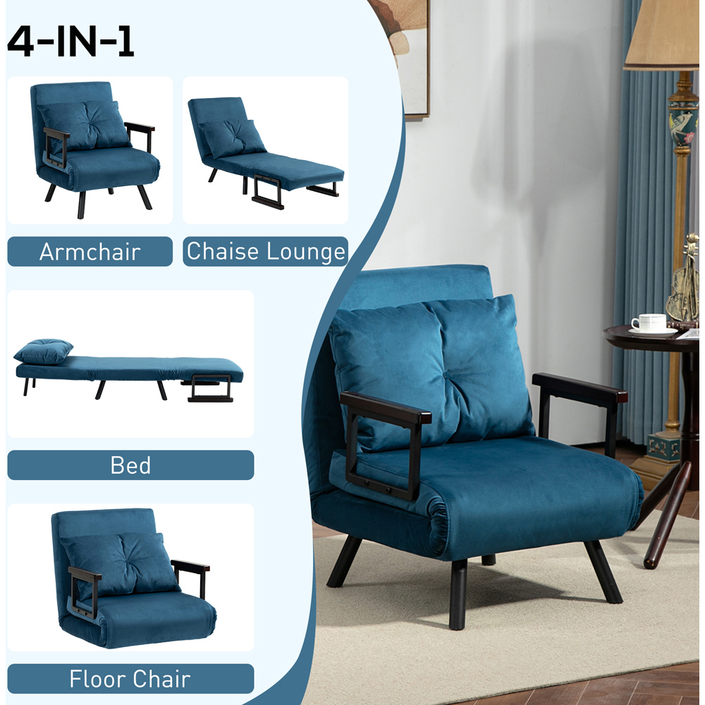 HOMCOM Single Blue Velvet Feel Fabric Convertible Chair Bed Image 5