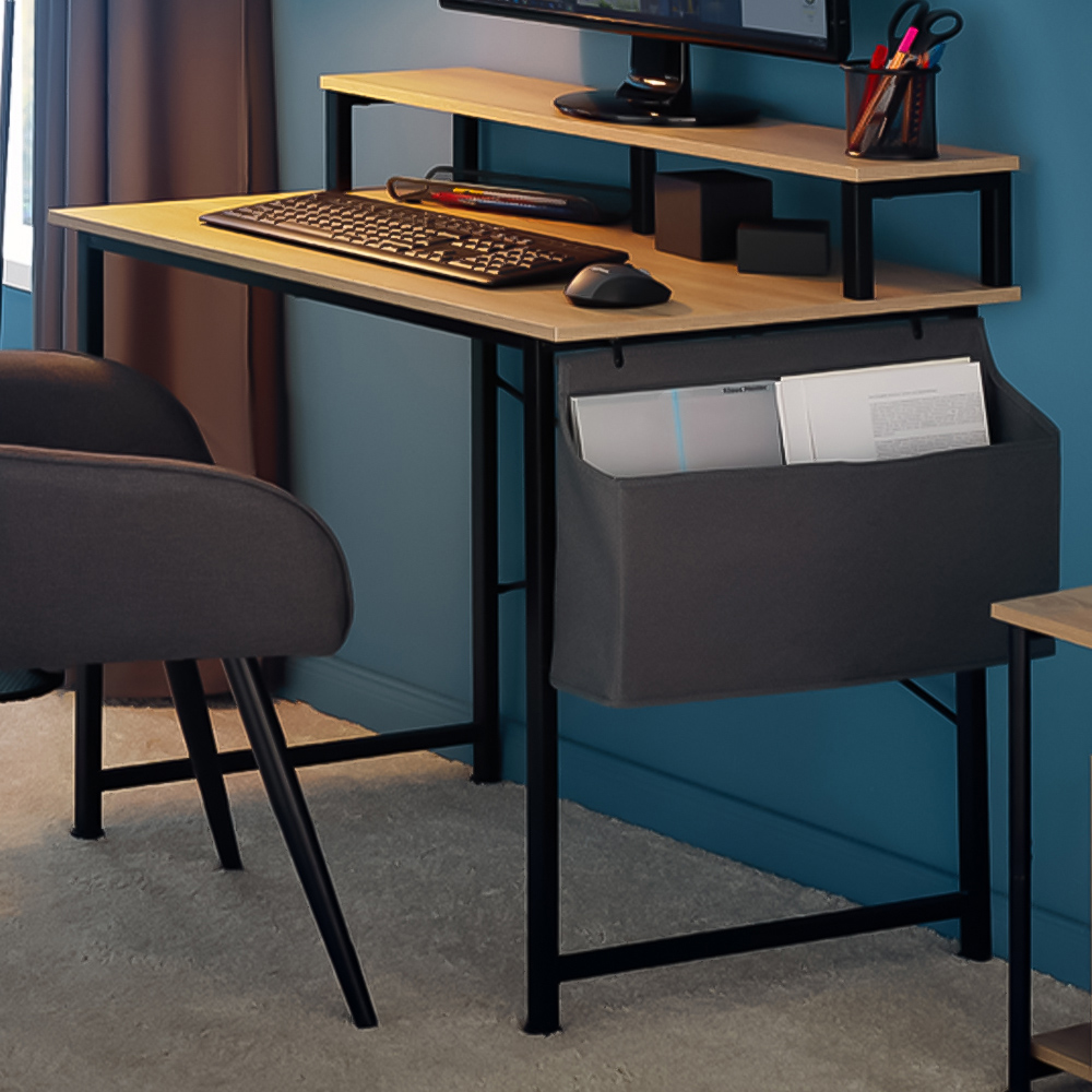 tectake Single Shelf Light Oak Sonoma Wooden Desk with Fabric Bag Image 1