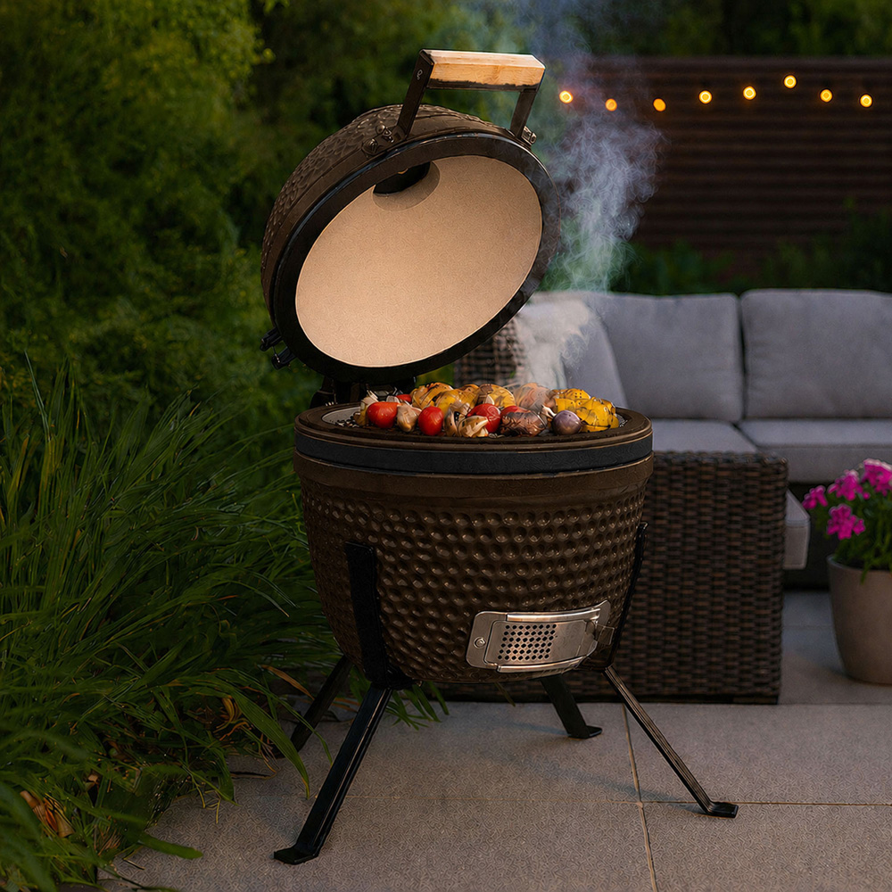 Neo Kamado Brown Portable Ceramic 13 inch Mini BBQ Grill Smoker with Stand Image 3