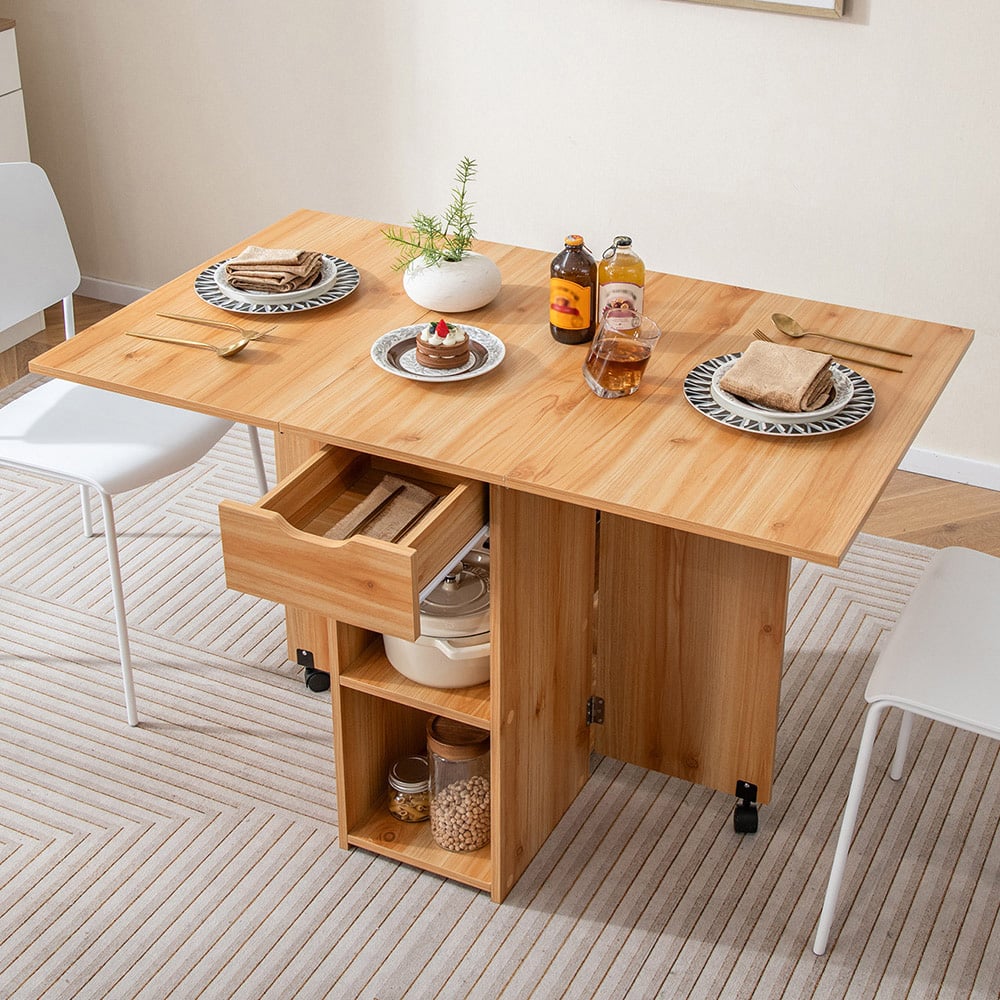 Costway 4 Seater Foldable Dining Table with Wheels Natural Image 1