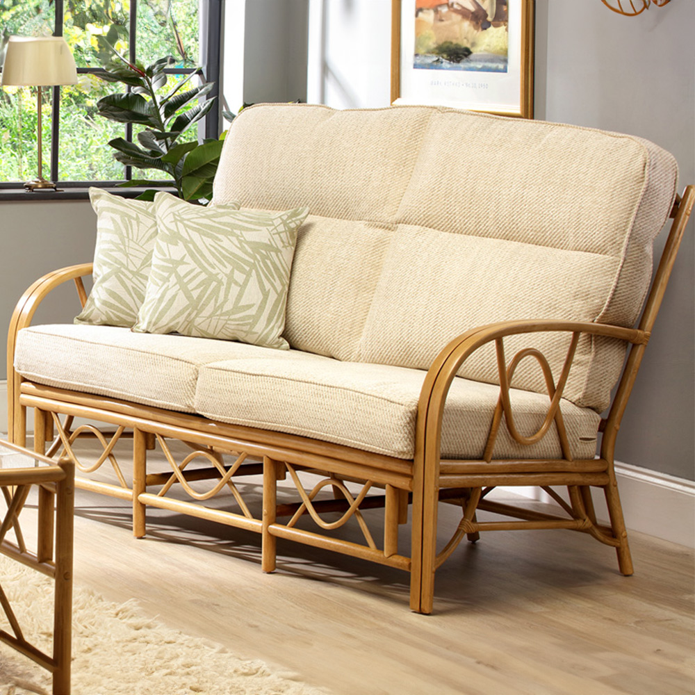 Desser Bali 3 Seater Beige and Cream Fabric Natural Rattan Sofa Image 1