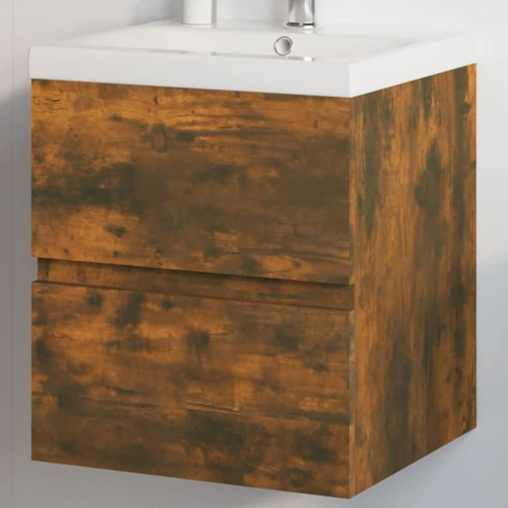 vidaXL Single Drawer Smoked Oak Wooden Wall-Mounted Sink Cabinet with Built-in Basin Image 1