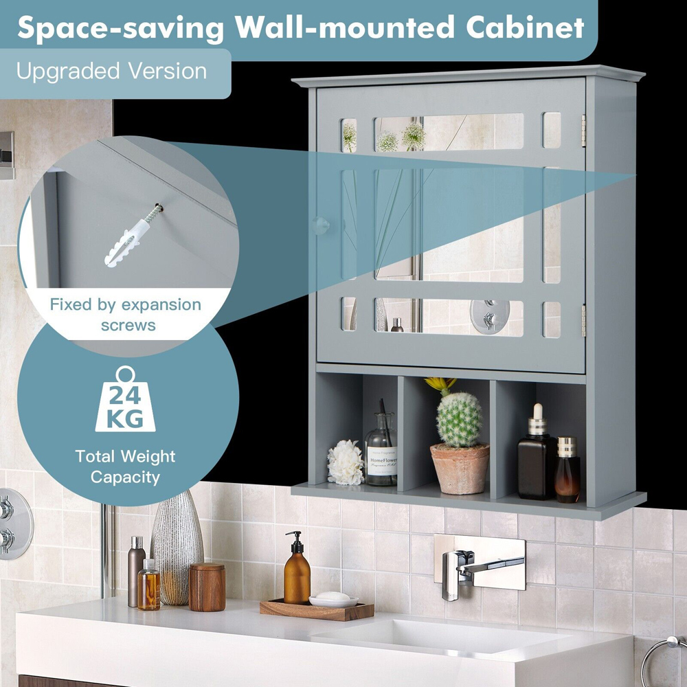 Costway Grey Mirror Door Cabinet 3 Shelf Image 7
