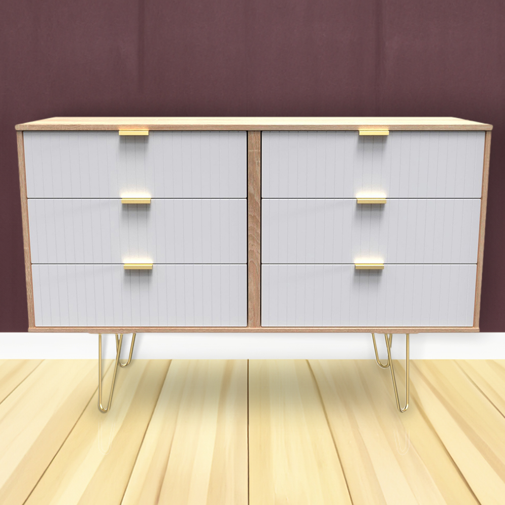 Crowndale 6 Drawer White Matt and Bardolino Oak Wide Chest of Drawers Ready Assembled Image 1