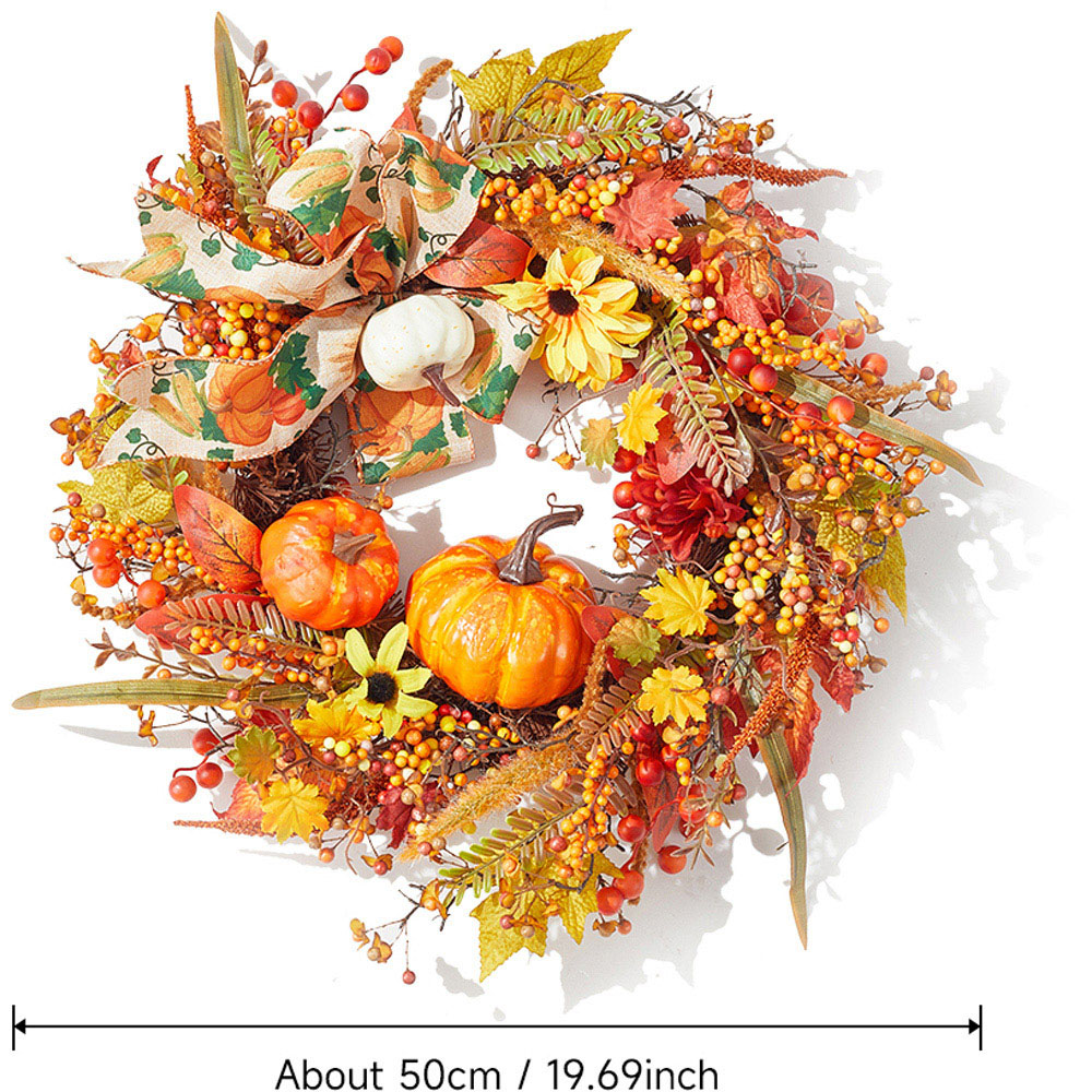 Living and Home Artificial Halloween Pumpkin Maple Leaves Wreath 50cm Image 8