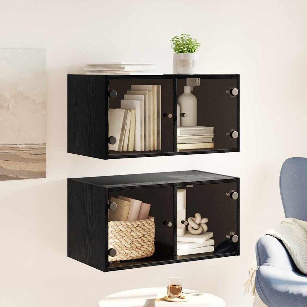 vidaXL 2 Glass Door Black Oak Wall Cabinet Set of 2 Image 9