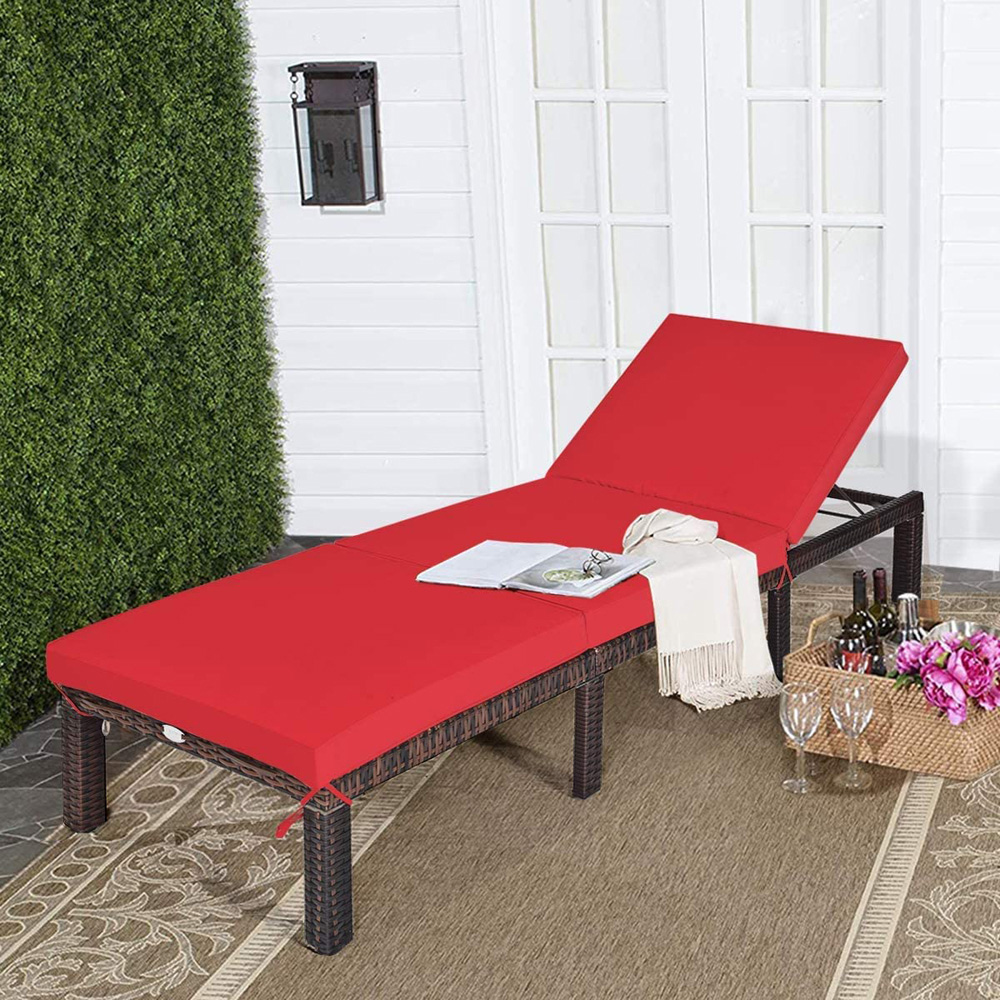 Costway Red Rattan Sun Lounger with Adjustable Backrest Image 5