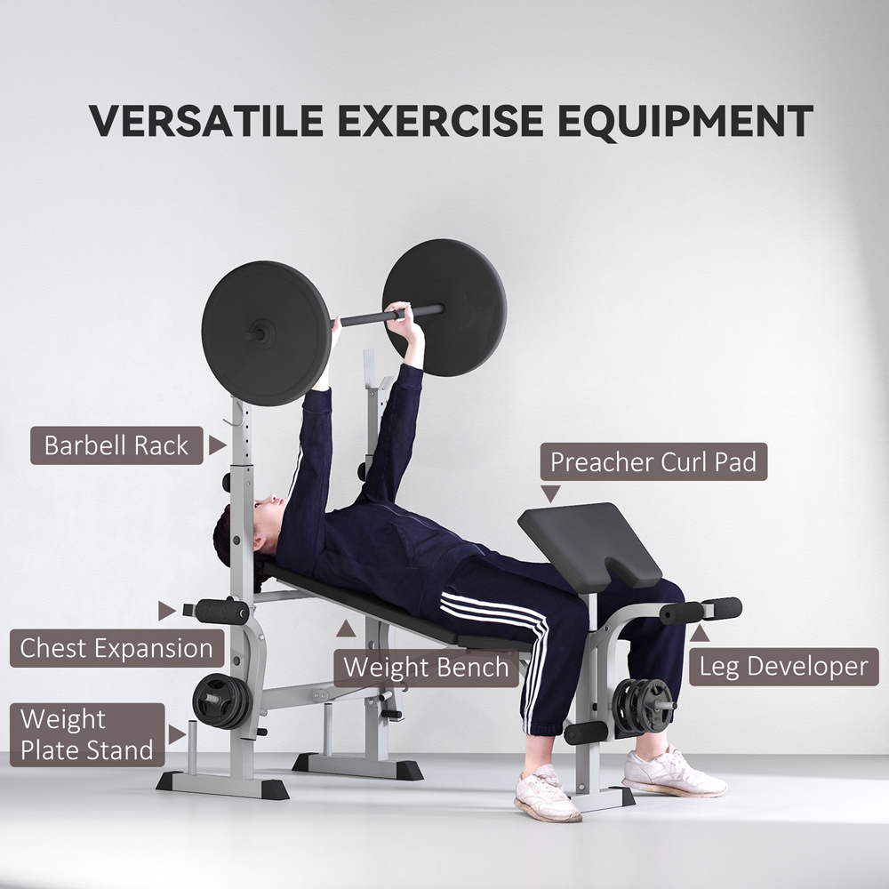 HOMCOM Grey Adjustable Weight Bench with Squat Rack Preacher Curl Pad and Leg Developer Image 8