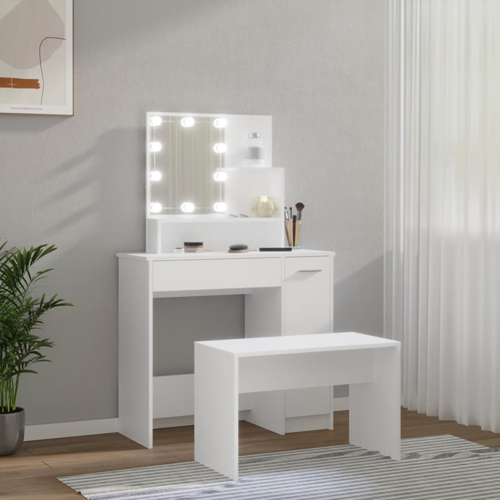 vidaXL White Dressing Table and Stool Set with LED Mirror Image 8