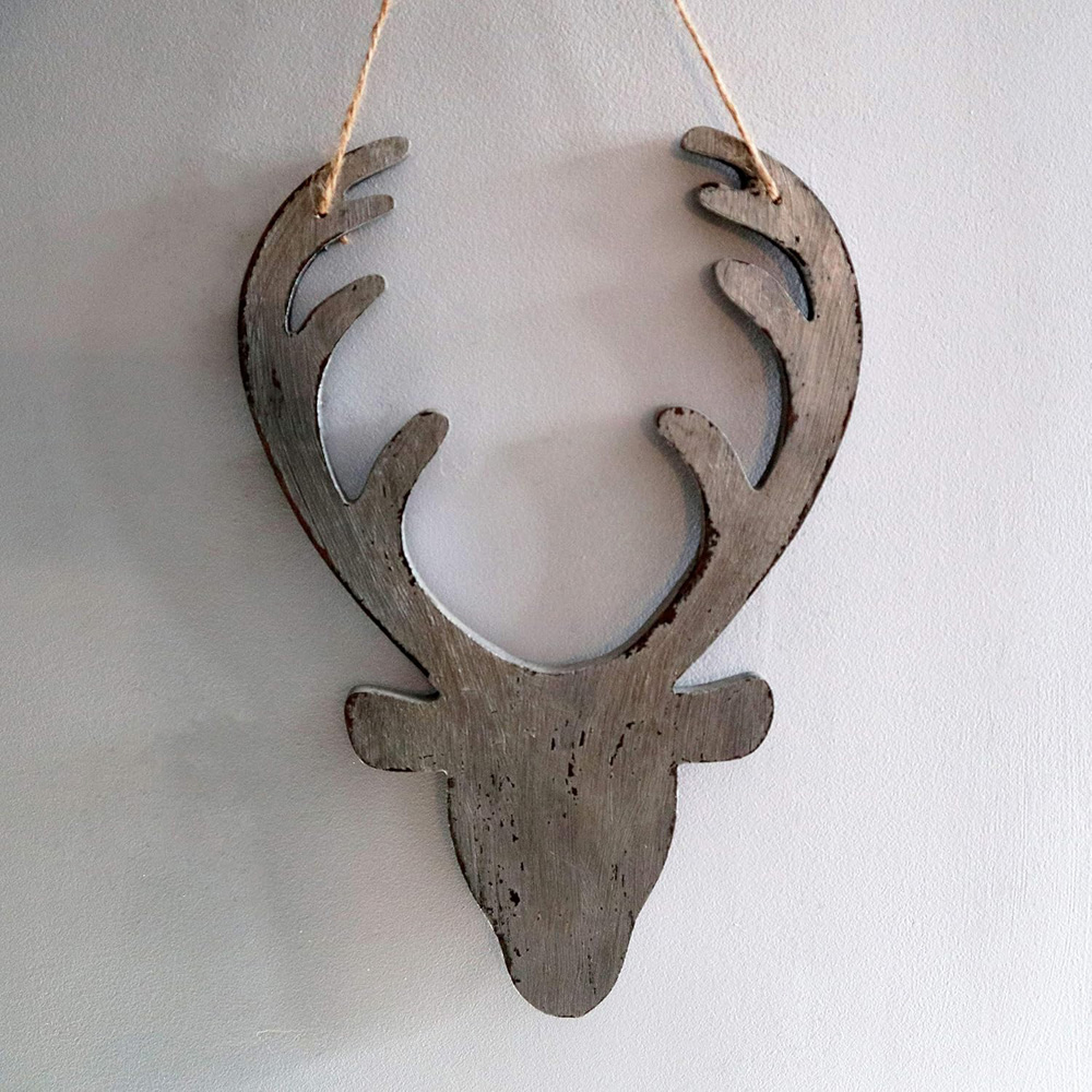Shatchi Silver Deer Head Wooden Hanging Christmas Decoration 26cm Image 2