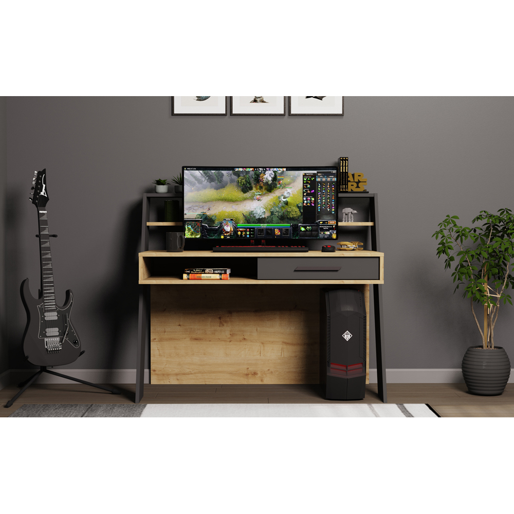 Decorotika Soho Single Drawer 5 Shelf Computer Desk Oak and Anthracite Image 6