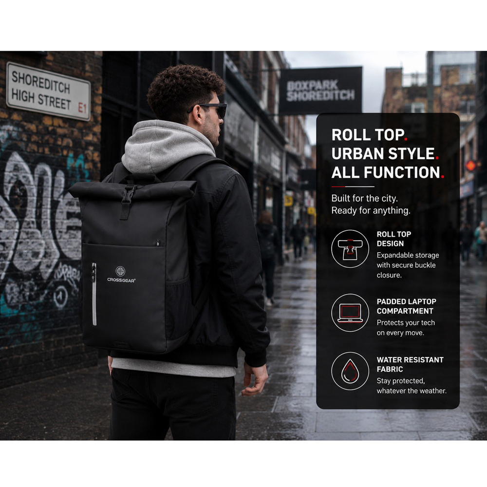 Crossgear Rebel Black Roll Top Backpack 46cm Image 8