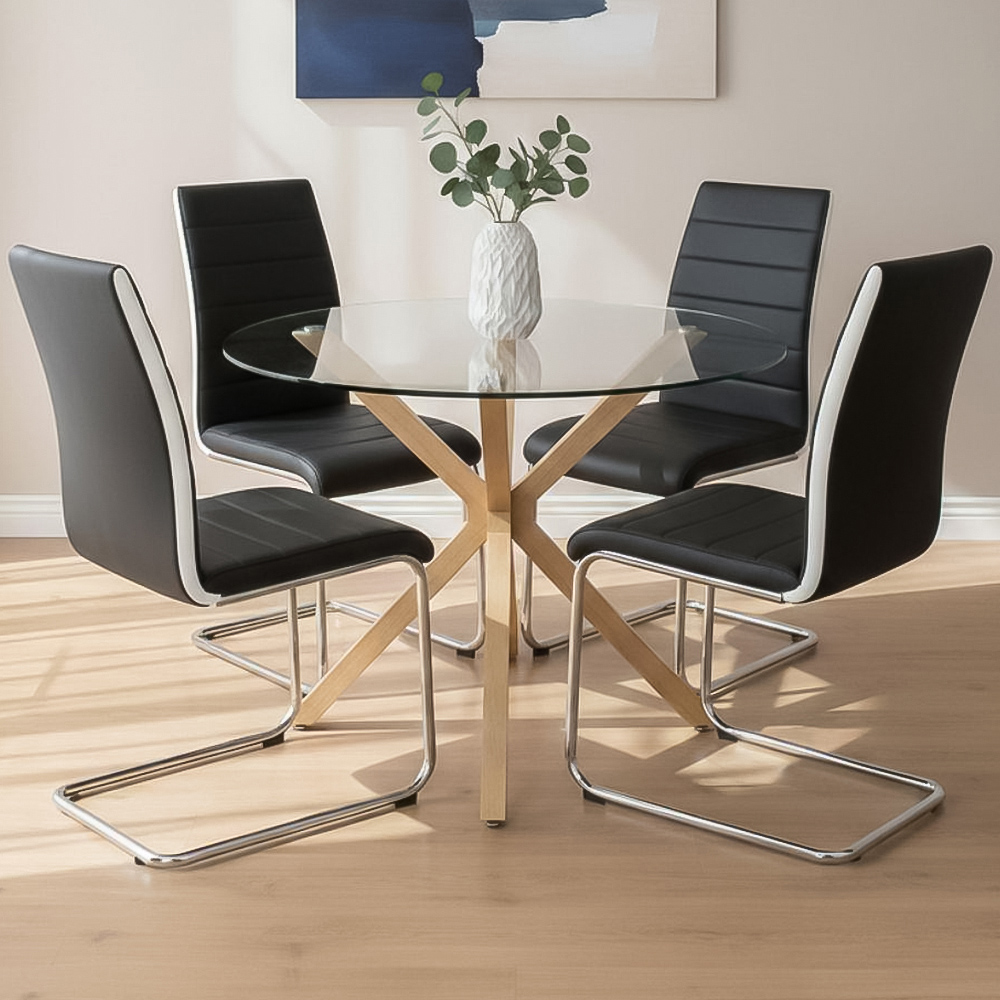 Portland 4 Seater Faux Leather Glass Tabletop Round Dining Set Black Image 1