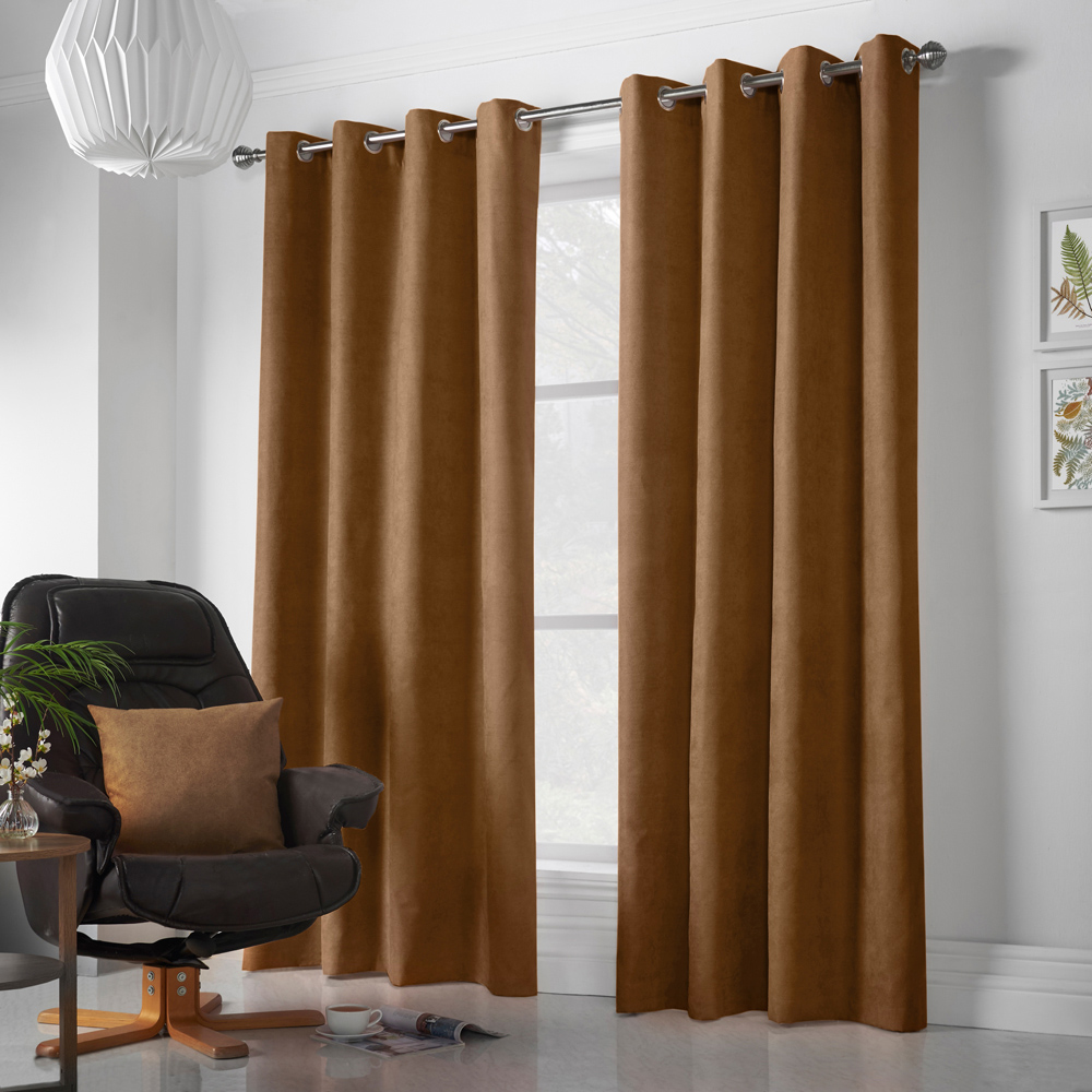 Alan Symonds Tan Velvet Chenille Ring Top Eyelet Curtains 142 x 183cm Image 4