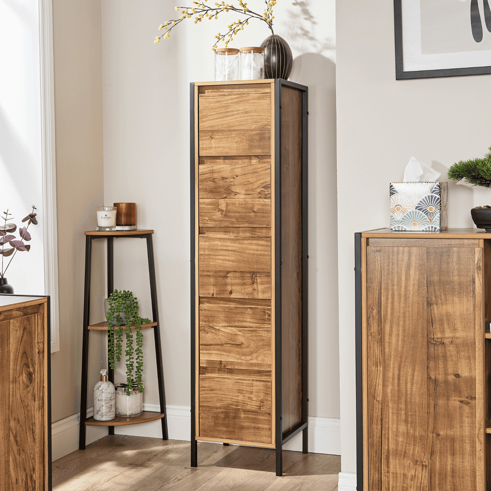 Home Source Locastra 5 Drawer Oak and Black Tall Floor Storage Cabinet Image 7