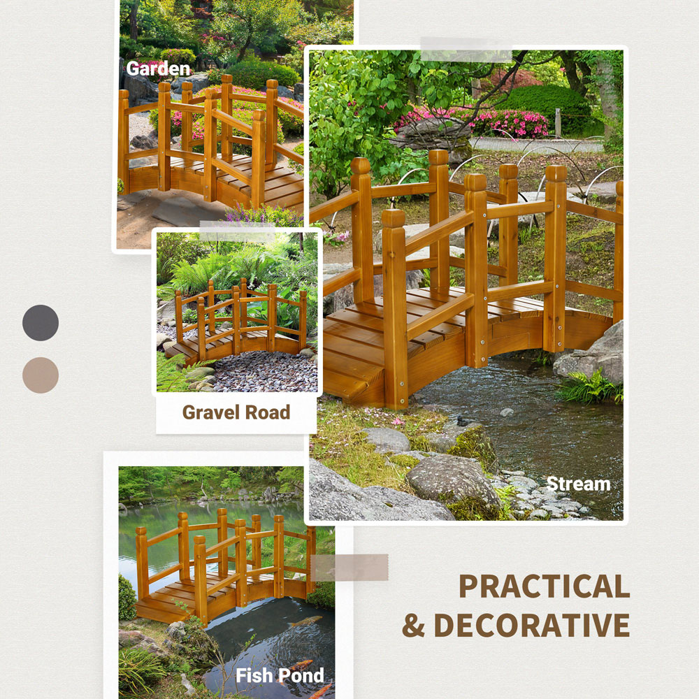 Outsunny Brown Wooden Arc Garden Bridge with Safety Railings Image 6