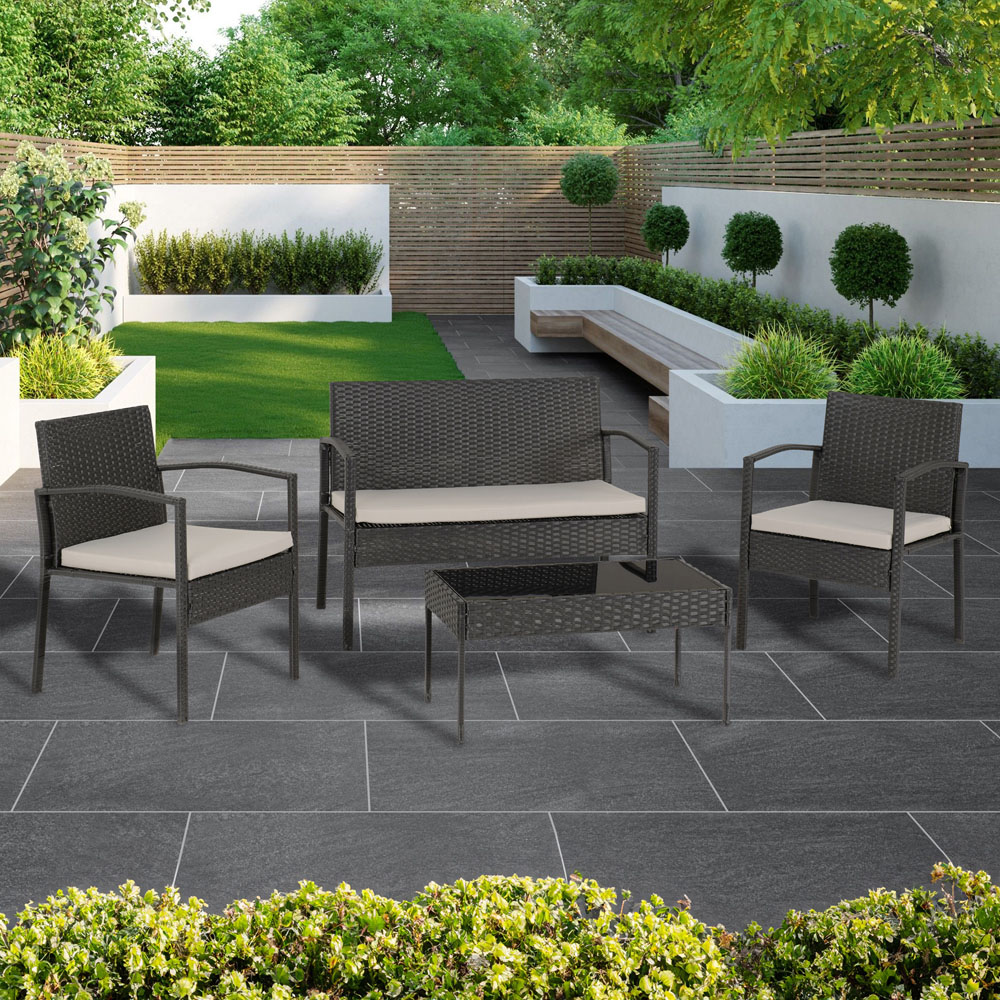 Seconique Cedar 4 Seater Grey Fabric Black Rattan and Glass Garden Set Image 1