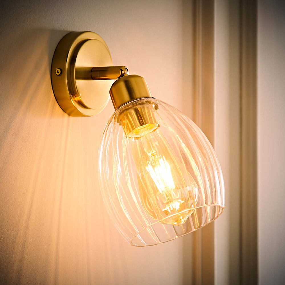 ValueLights Cheltenham Ribbed Shade Brushed Gold Adjustable Wall Spotlights with Bulbs 2 Pack Image 2